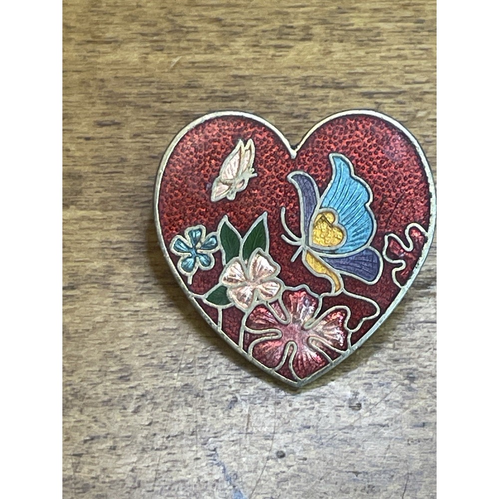 Vintage Red Heart Butterfly Flower Cloisonné Pin Brooch Pendant